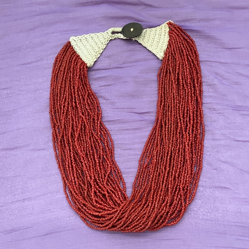 Multi Strand Red Beaded Necklace 21”